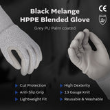 Black Melange HPPE Blended Glove - Grey PU Palm coated (4 Sizes), 5ea