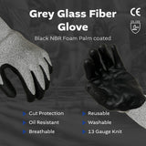 Grey Glass Fiber Glove - Black NBR Foam Palm coated (4 sizes), 5ea